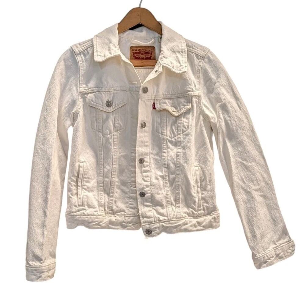 Levi Denim Trucker Jacket Women Medium White Cotton Stretch Jean Coat Workwear S